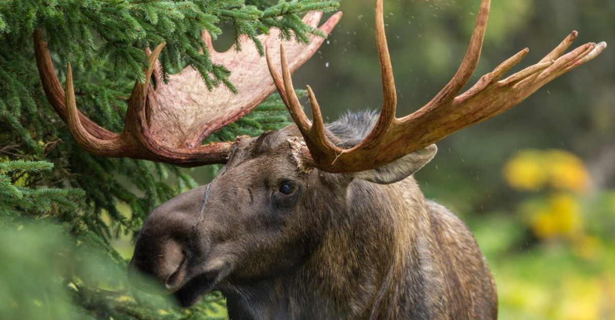 Bull moose in fall foliage during Alaska hunting season near Sterling